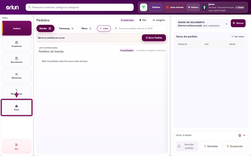 Abrir a opção Caixa no menu lateral do POS ORIUN