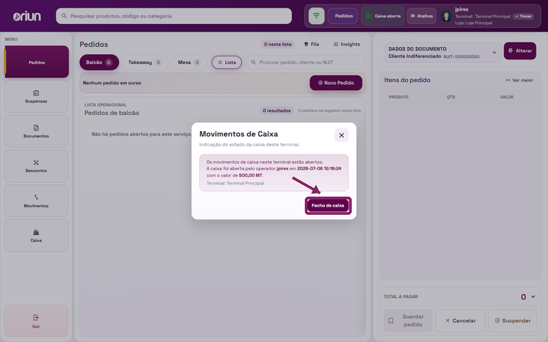 Seleccionar a opção Fecho de caixa no POS ORIUN