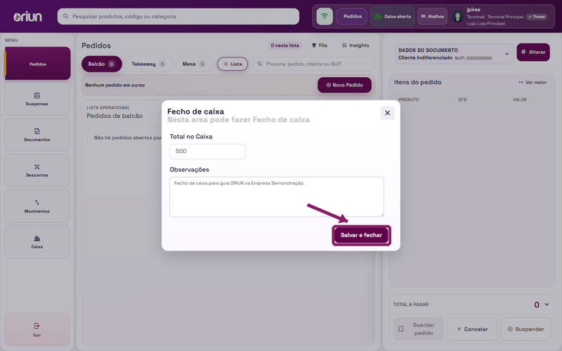 Guardar o fecho de caixa no POS ORIUN