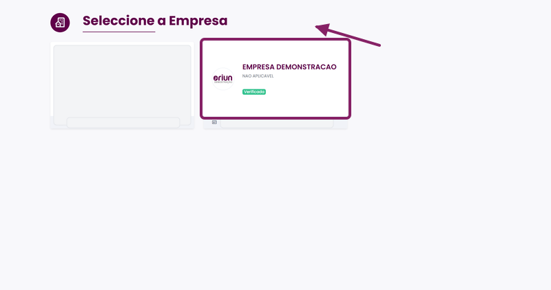 Cartão Empresa Demonstração na selecção de empresa do ORIUN