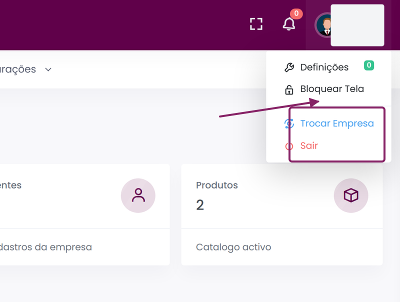 Opções Trocar Empresa e Sair no menu do utilizador do ORIUN