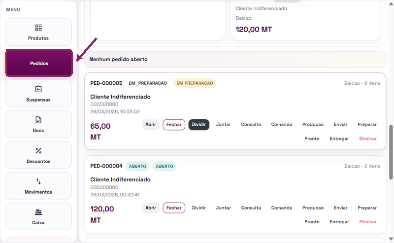 Abrir o menu Pedidos no POS do ORIUN