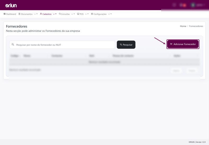 Abrir a lista de fornecedores e clicar em Adicionar Fornecedor no ORIUN