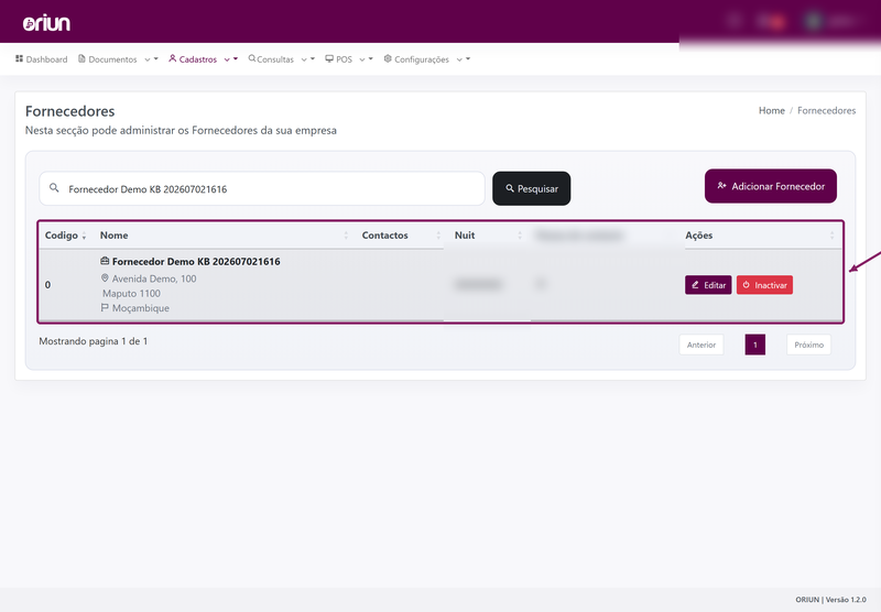 Confirmar o fornecedor criado na listagem de fornecedores do ORIUN