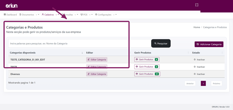 Lista de categorias e produtos aberta no ORIUN