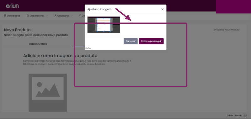 Separador Imagem e modal de recorte visíveis no cadastro de produto