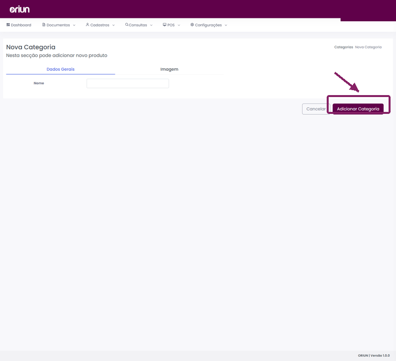 Botão Adicionar Categoria no formulário Nova Categoria