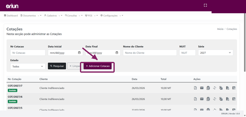 Listagem de Cotações com filtros e botão Adicionar Cotacao