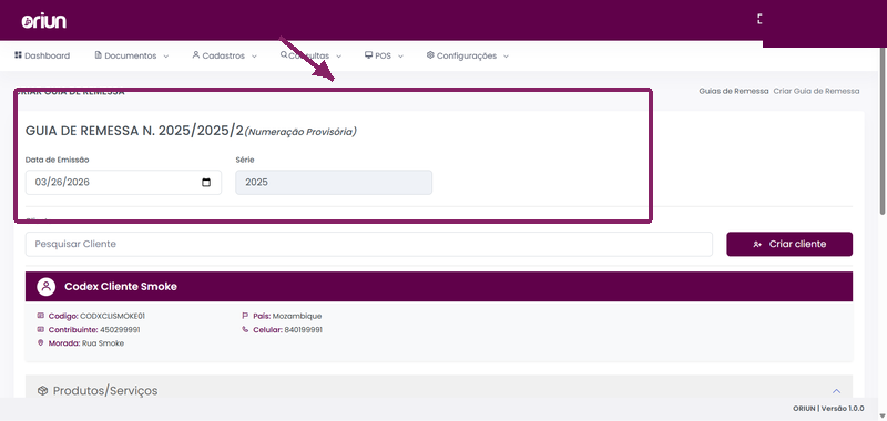Formulário de Guia de Remessa com data, série e cliente