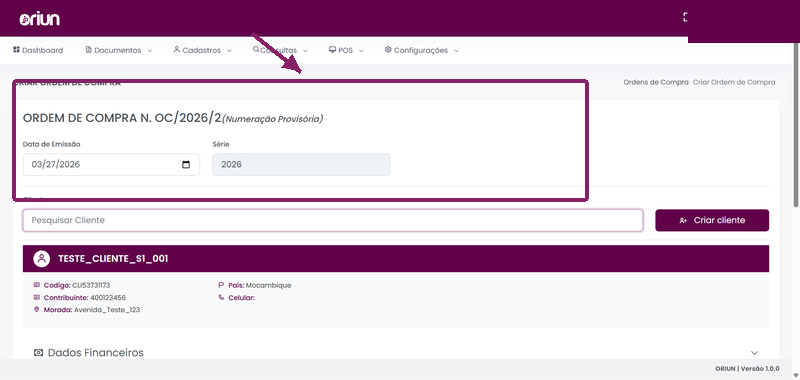 Nova Ordem de Compra com cliente seleccionado