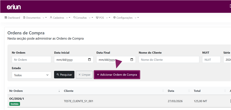 Listagem de Ordens de Compra com o botão Adicionar Ordem de Compra