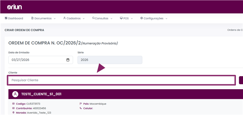 Formulário de Ordem de Compra com data, série e cliente selecionado