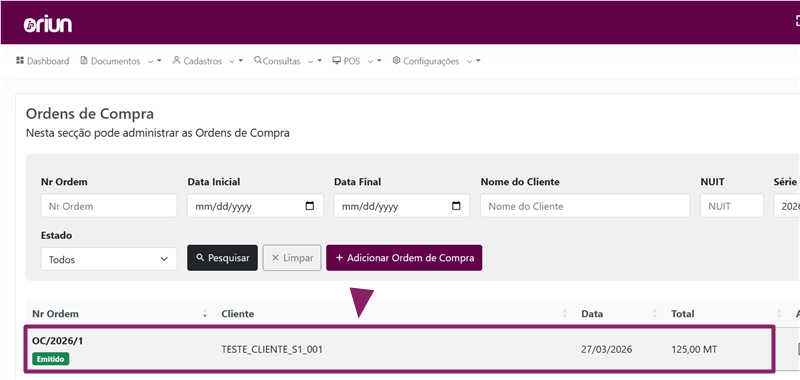 Ordem de Compra emitida visível na listagem do ORIUN