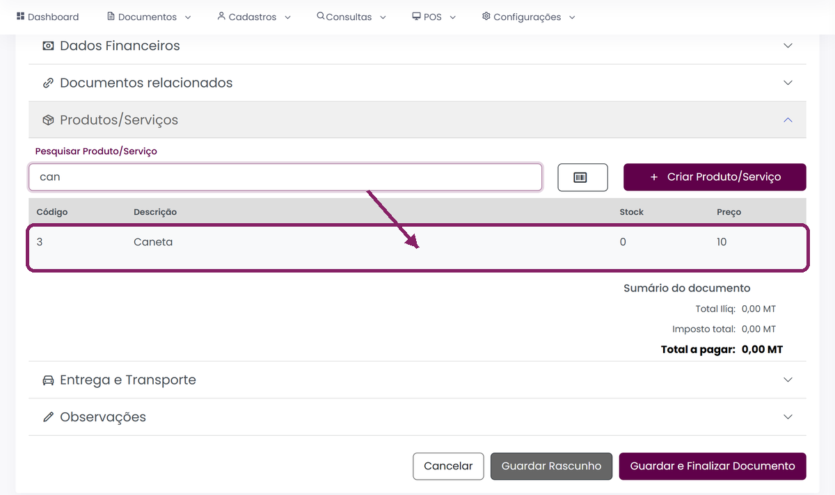 Adicionar produto ou serviço à factura no ORIUN