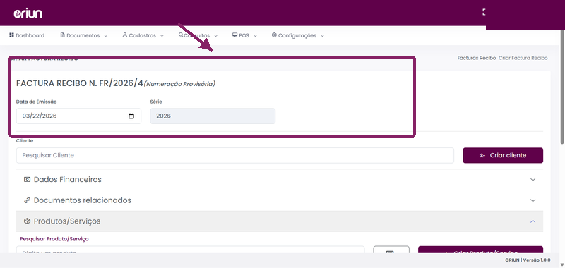 Formulário Criar Factura Recibo com data, série e cliente