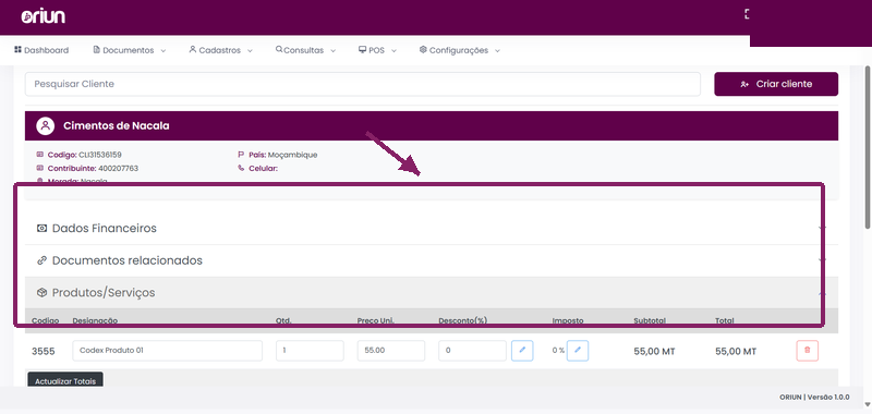Factura Recibo com item adicionado e totais visíveis