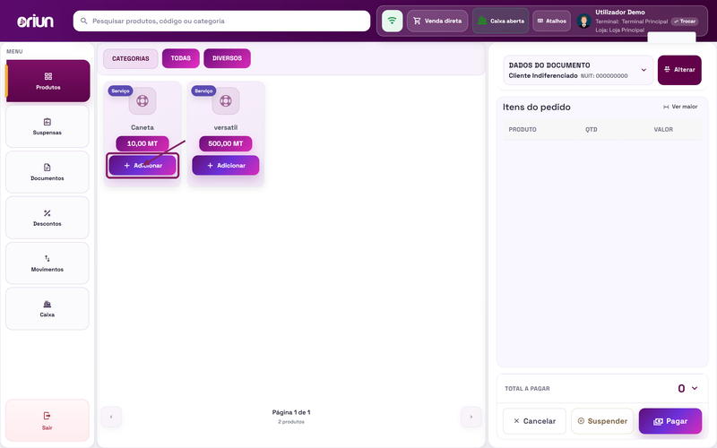 Adicionar um produto ou serviço ao pedido no POS do ORIUN