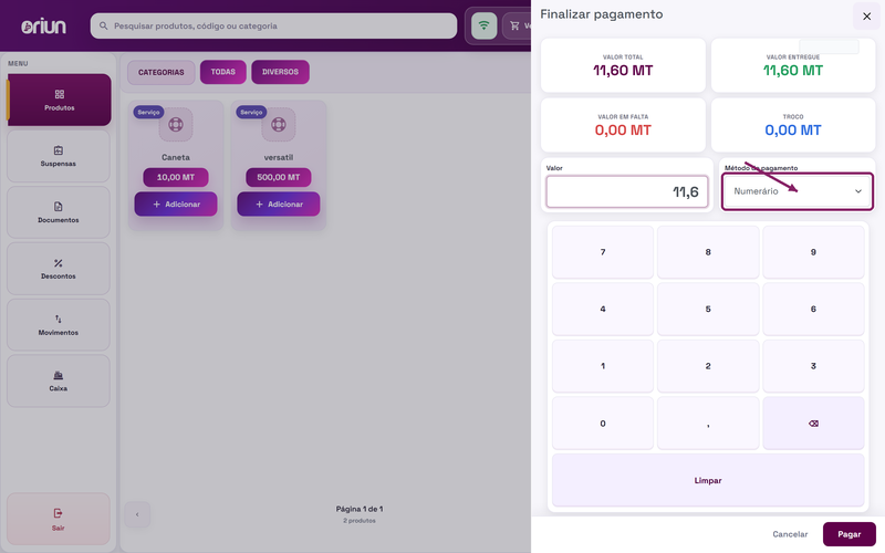 Selecionar o método de pagamento no painel Finalizar pagamento do POS