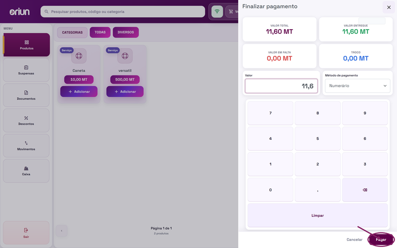 Confirmar o pagamento da venda no POS do ORIUN
