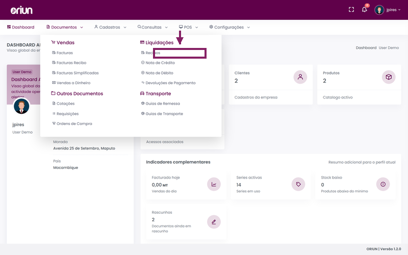 Abrir Documentos e seleccionar Recibos no ORIUN