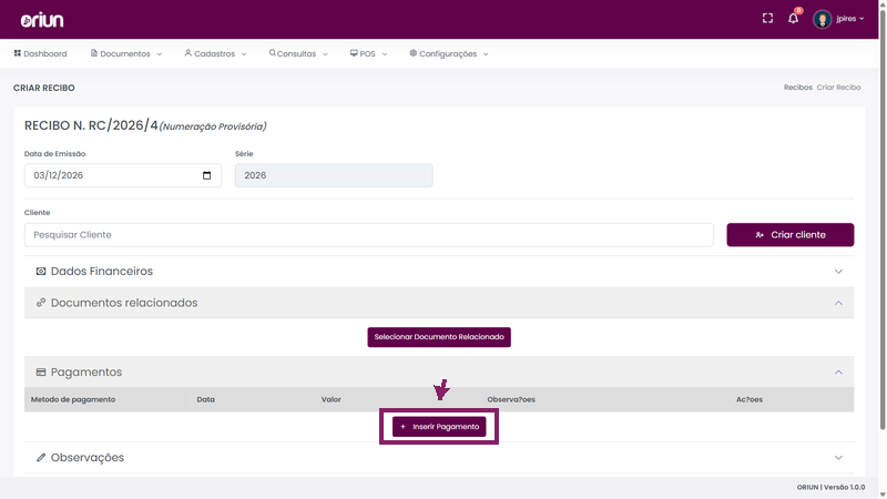 Inserir pagamento no formulário de recibo do ORIUN