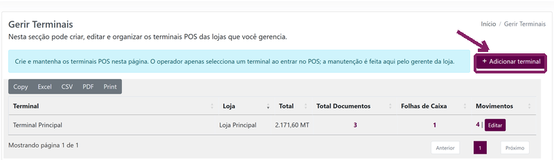 Clicar em Adicionar terminal na listagem de terminais POS