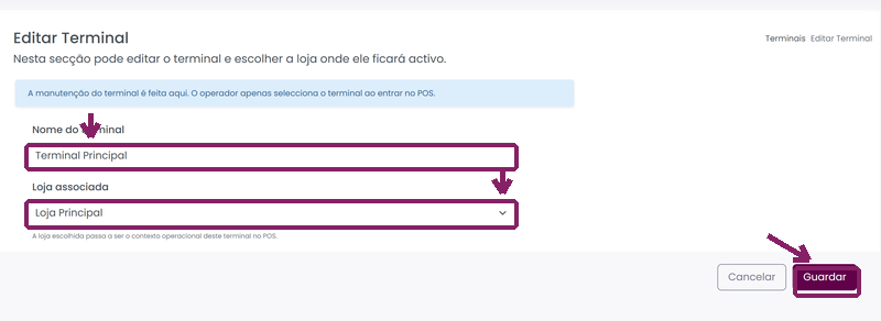 Editar nome e loja associada de um terminal POS