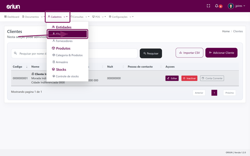 Abrir o menu Cadastros e seleccionar Clientes no ORIUN
