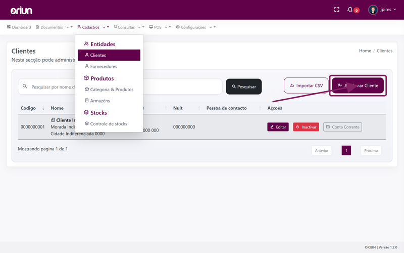 Clicar em Adicionar Cliente na listagem de clientes do ORIUN