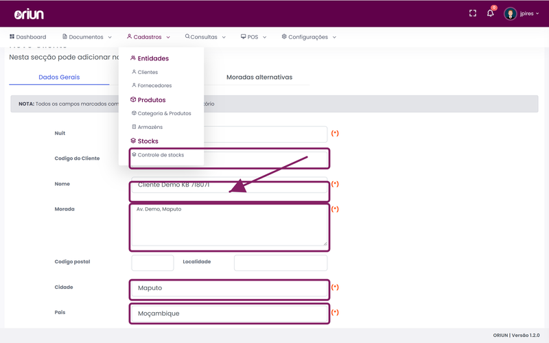 Preencher os dados gerais obrigatórios do cliente no ORIUN
