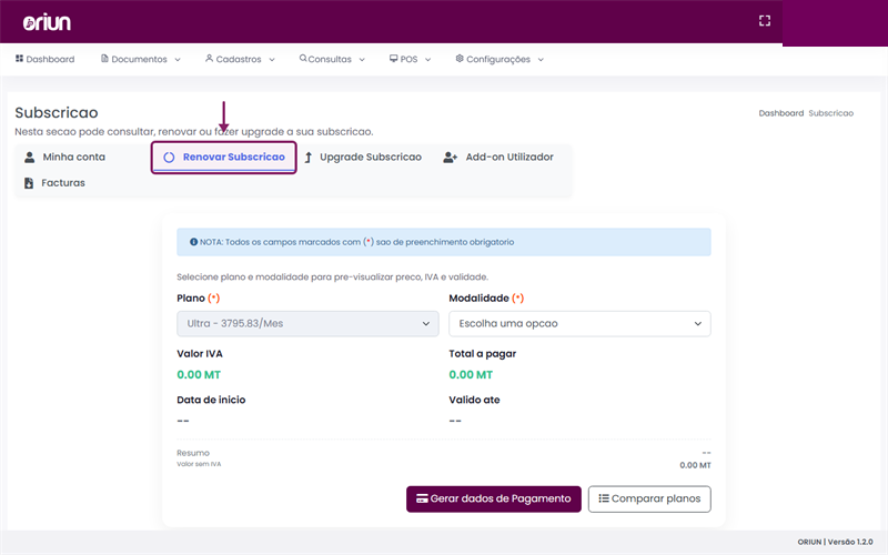Abrir a tab Renovar Subscrição no ORIUN