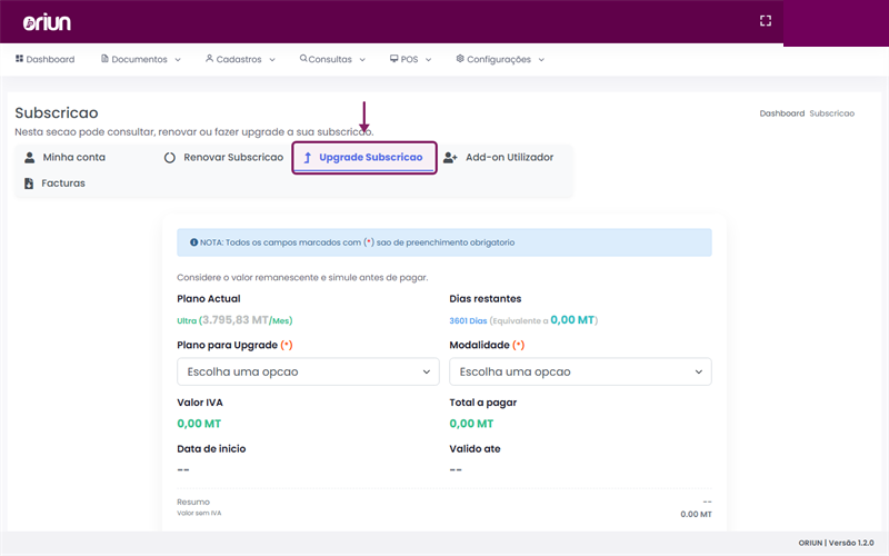 Abrir a tab Upgrade Subscrição no ORIUN