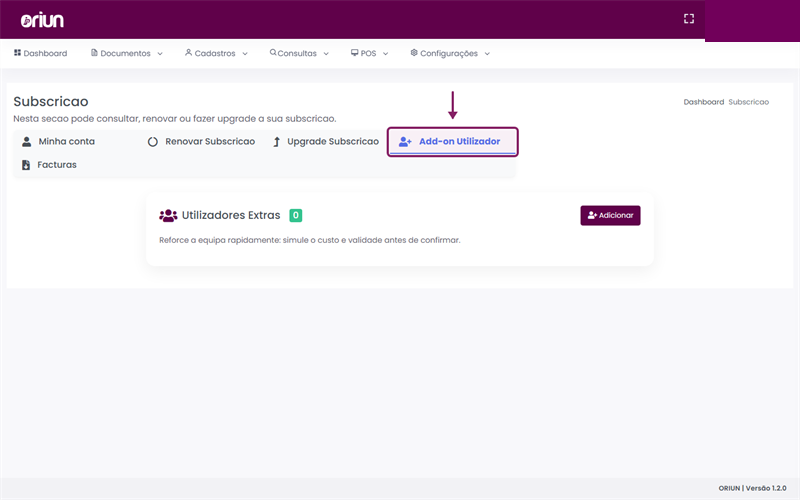 Abrir a tab Add-on Utilizador no ORIUN
