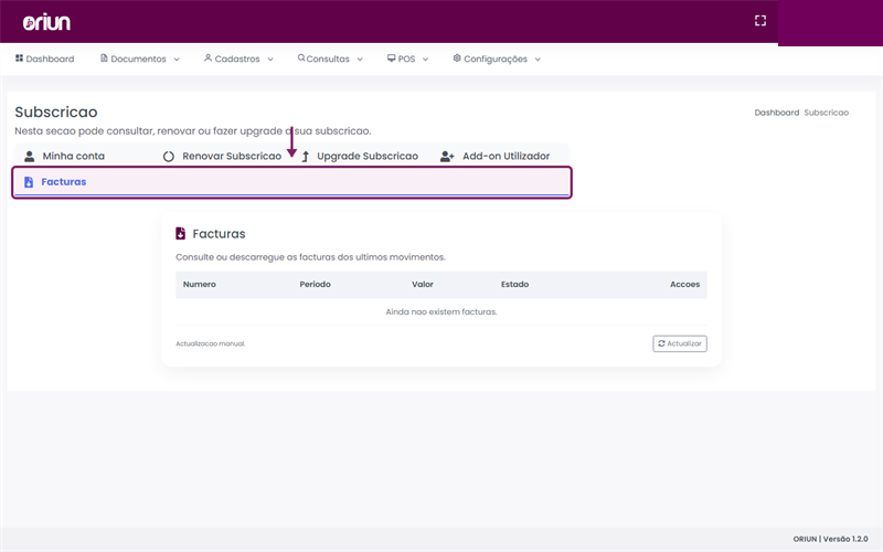 Consultar a tab Facturas da subscrição no ORIUN