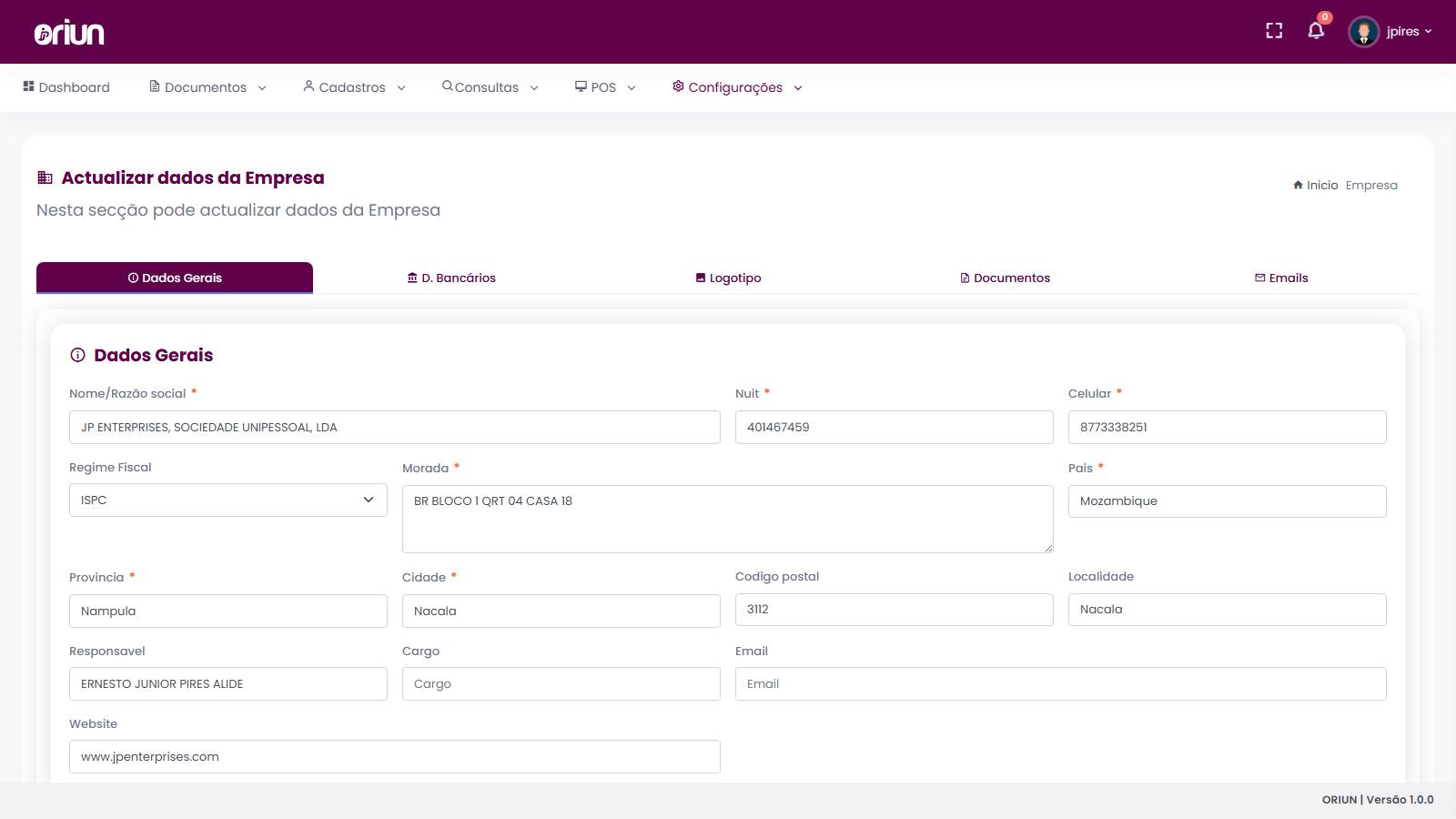 Separador Dados Gerais da empresa com campos de razão social, NUIT, contacto, morada e localização.