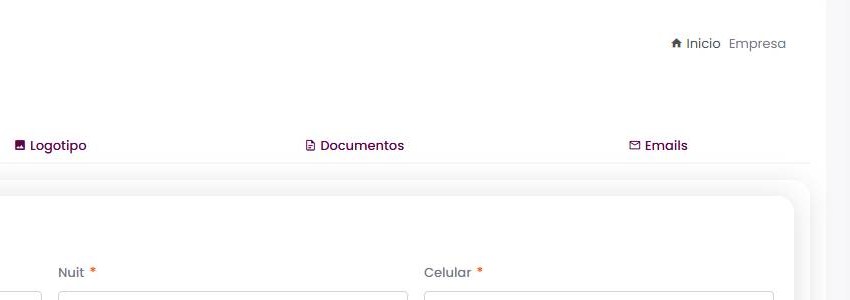 Separadores Documentos e Emails na página Empresa, com a opção de actualizar os dados no final.