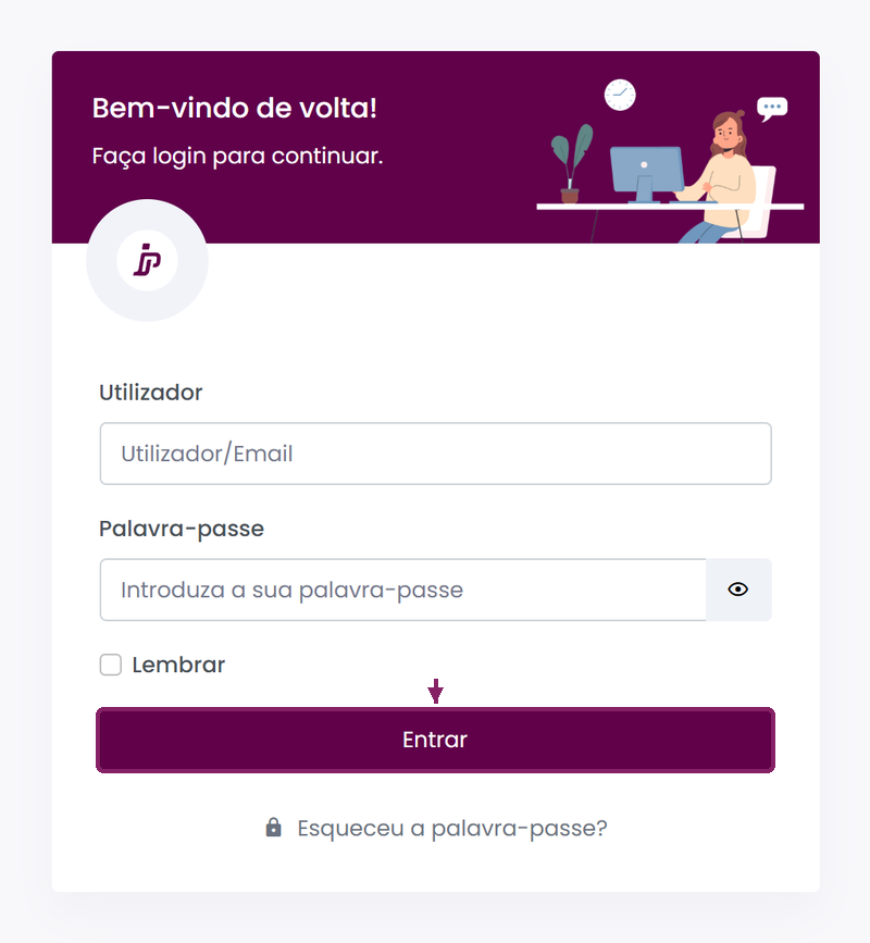 Ecrã de login do ORIUN com o botão Entrar destacado.