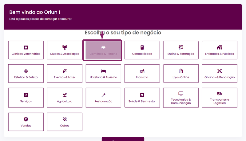 Ecrã Escolha o seu tipo de negócio com uma actividade selecionada no ORIUN.