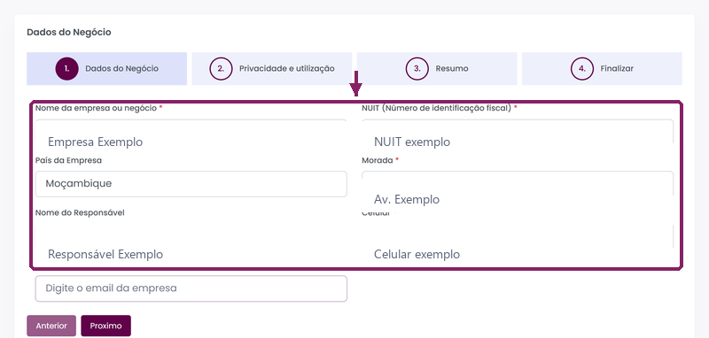 Formulário Dados do Negócio no ORIUN com os campos da empresa destacados.