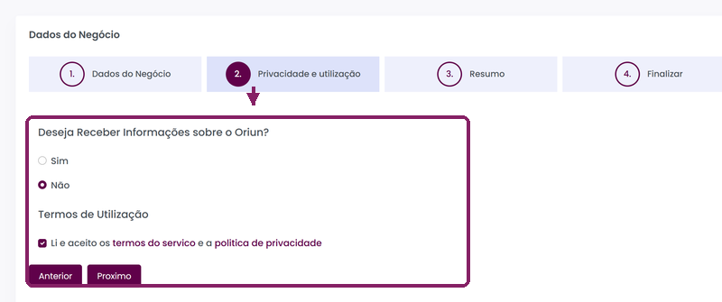 Passo Privacidade e utilização do onboarding ORIUN com preferências e termos destacados.