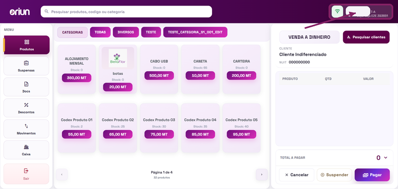Confirmar o terminal e a loja activa no POS do ORIUN