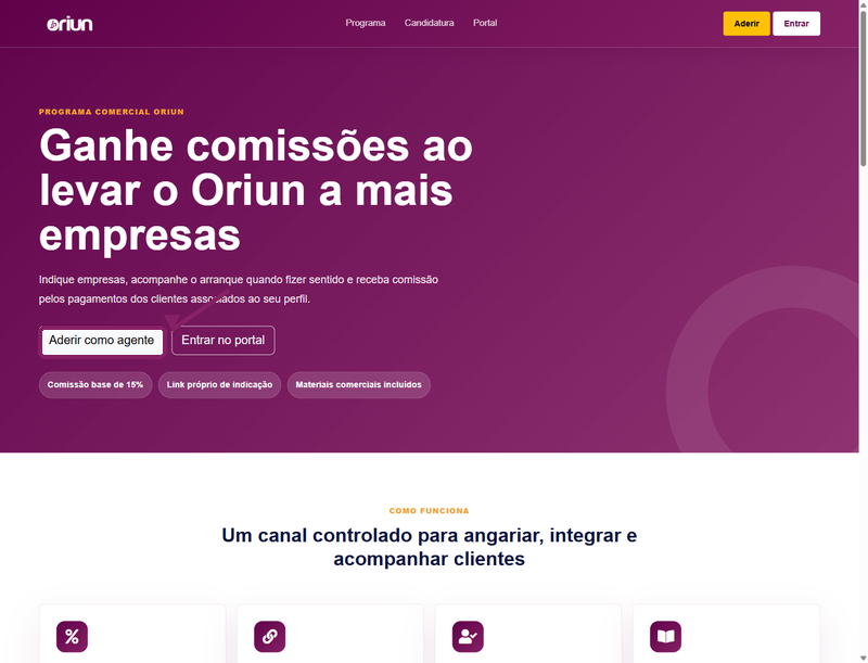Página do Programa de Agentes ORIUN com o botão Aderir como agente destacado