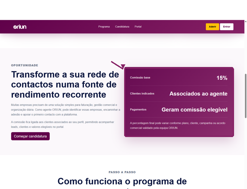 Secção de oportunidade do Programa de Agentes ORIUN com comissão e clientes associados