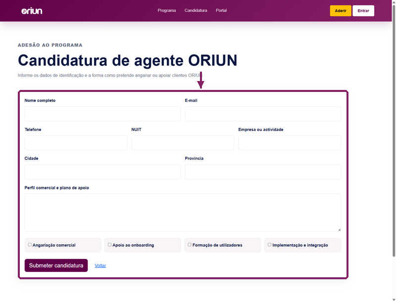 Formulário de candidatura de agente ORIUN com campos de identificação e perfil comercial