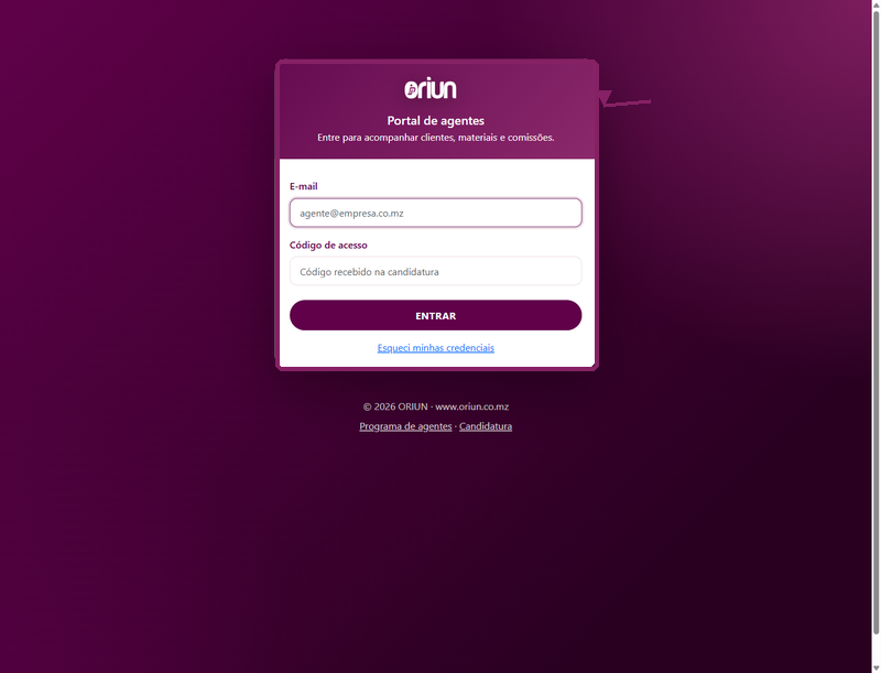 Portal de agentes ORIUN com campos de e-mail e código de acesso
