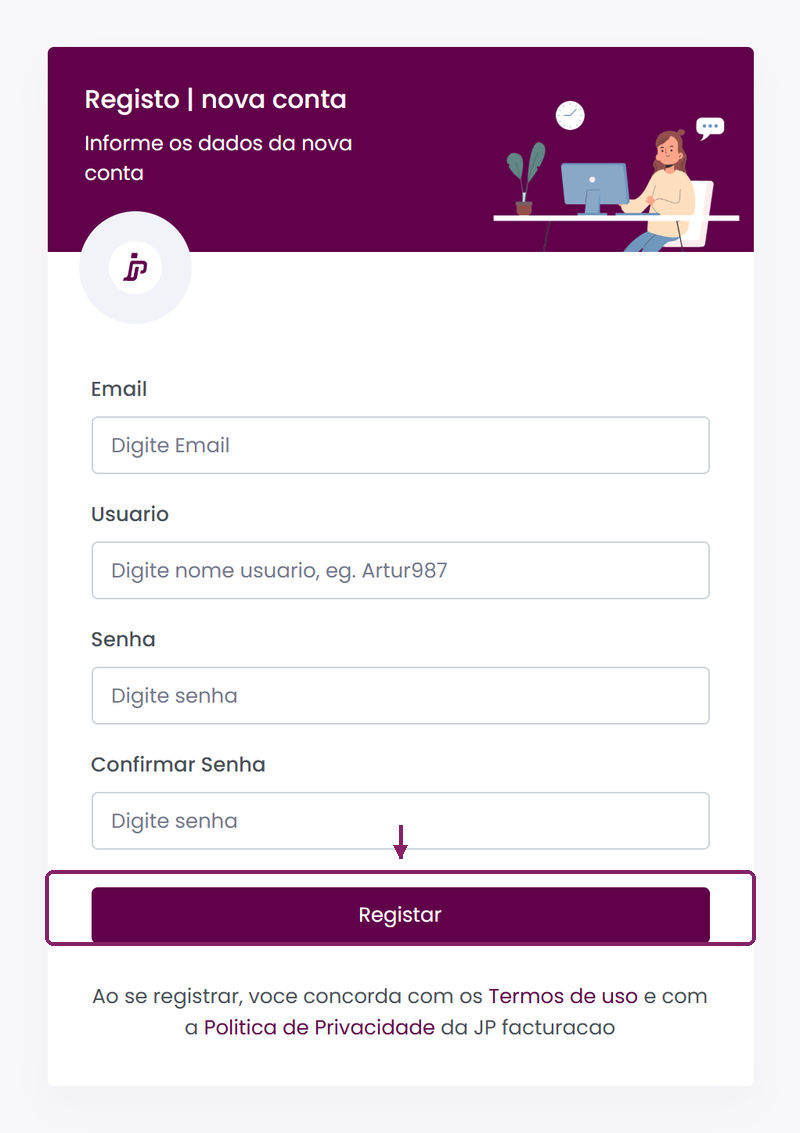 Formulário Registo nova conta do ORIUN com os campos Email, Usuario, Senha e Confirmar Senha.