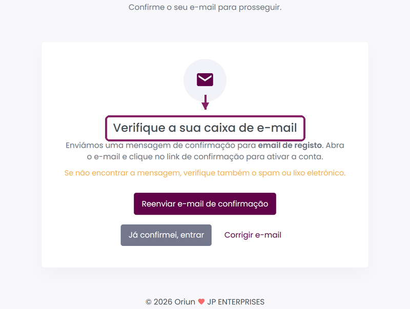 Ecrã do ORIUN a confirmar que enviou um email de verificação para a nova conta.