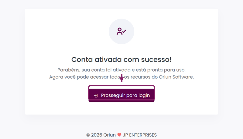 Página do ORIUN com a mensagem Conta ativada com sucesso e o botão Prosseguir para login.