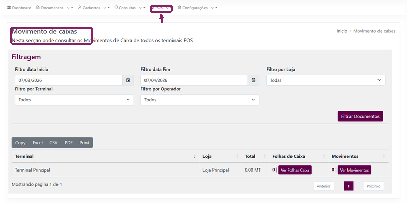 Abrir o menu POS e a página Movimentos de Caixa no ORIUN