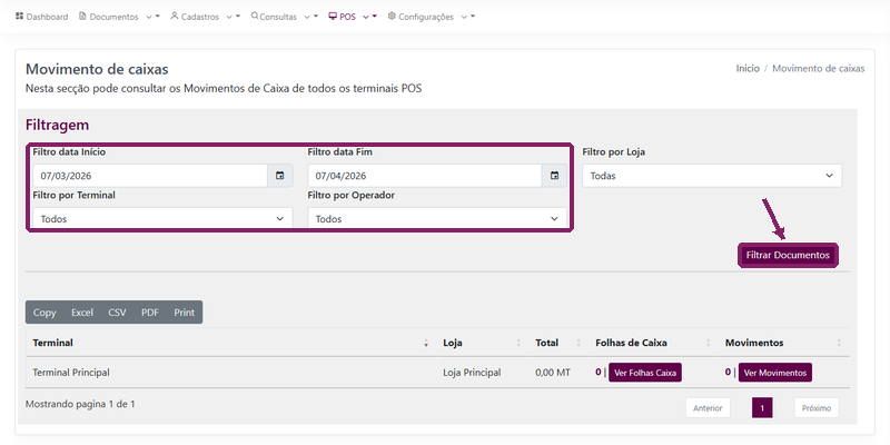 Filtrar movimentos de caixa por data, loja, terminal e operador no ORIUN